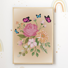 Laden Sie das Bild in den Galerie-Viewer, Regenbogen Schmetterling Blumen Bilder 3er Set DIN A4 Kinderzimmer Wandbilder Babyzimmer Poster Dekoration