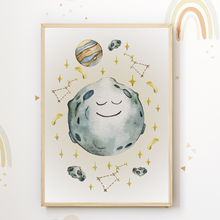 Laden Sie das Bild in den Galerie-Viewer, Niedliche Mond Bilder 3er Set DIN A4 Kinderzimmer Wandbilder Babyzimmer Poster Dekoration