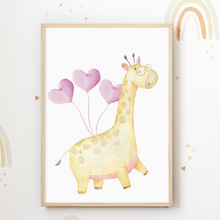 Laden Sie das Bild in den Galerie-Viewer, Luftballon Tiere 3er Set Kinderzimmer Bilder DIN A4 Poster Babyzimmer Wandbilder Dekoration - Esel Giraffe Nashorn