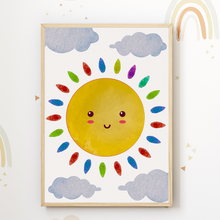 Laden Sie das Bild in den Galerie-Viewer, Bunte Wolken Sonne Regenbogen Bilder 3er Set DIN A4 Kinderzimmer Wandbilder Babyzimmer Poster Dekoration