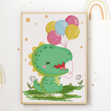 Laden Sie das Bild in den Galerie-Viewer, Dinosaurier Mond Luftballon Bilder 3er Set DIN A4 Kinderzimmer Wandbilder Babyzimmer Poster Dekoration