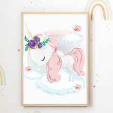 Laden Sie das Bild in den Galerie-Viewer, Einhorn Regenbogen Bilder 4er Set DIN A4 Kinderzimmer Wandbilder Babyzimmer Poster Dekoration