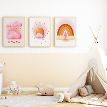 Laden Sie das Bild in den Galerie-Viewer, Rosa Wolken Regenbogen Bilder 3er Set DIN A4 Kinderzimmer Wandbilder Babyzimmer Poster Dekoration