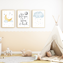 Laden Sie das Bild in den Galerie-Viewer, We Love You to the Moon and Back - 3er Set Bilder Kinderzimmer Deko DIN A4 Poster Babyzimmer Wandbilder