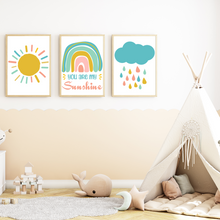 Laden Sie das Bild in den Galerie-Viewer, You are my Sunshine Bilder 3er Set DIN A4 Kinderzimmer Wandbilder Babyzimmer Poster Dekoration Sonne Regenbogen