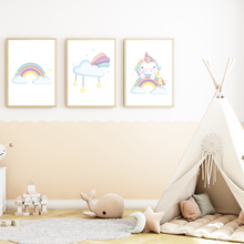 Laden Sie das Bild in den Galerie-Viewer, Einhorn Regenbogen Wolke 3er Set Kinderzimmer Bilder DIN A4 Poster Babyzimmer Wandbilder Dekoration