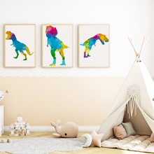Laden Sie das Bild in den Galerie-Viewer, Trex bunte Dinosaurier Bilder 3er Set DIN A4 Kinderzimmer Wandbilder Babyzimmer Poster Dekoration