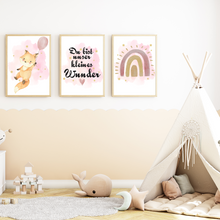 Laden Sie das Bild in den Galerie-Viewer, Kleines Wunder Fuchs Regenbogen Luftballon Bilder 3er Set DIN A4 Kinderzimmer Wandbilder Babyzimmer Poster Dekoration
