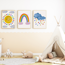 Laden Sie das Bild in den Galerie-Viewer, Bunte Wolken Sonne Regenbogen Bilder 3er Set DIN A4 Kinderzimmer Wandbilder Babyzimmer Poster Dekoration