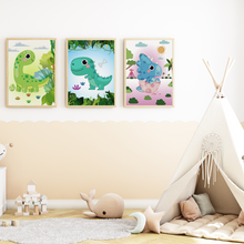 Laden Sie das Bild in den Galerie-Viewer, Dinosaurier Bilder 3er Set DIN A4 Kinderzimmer Dino Wandbilder Babyzimmer Poster Dekoration