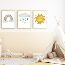 Laden Sie das Bild in den Galerie-Viewer, Wolke Sonne Regenbogen Bilder 3er Set DIN A4 Kinderzimmer Wandbilder Babyzimmer Poster Dekoration