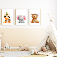 Laden Sie das Bild in den Galerie-Viewer, Indianer Tiere 3er Set Kinderzimmer Bilder DIN A4 Poster Babyzimmer Wandbilder Dekoration - Tiger Elefant Bär