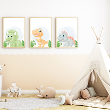 Laden Sie das Bild in den Galerie-Viewer, Dinosaurier 3er Set Bilder Baby Dinos Kinderzimmer Deko DIN A4 Poster Babyzimmer Wandbilder