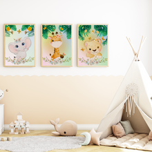 Laden Sie das Bild in den Galerie-Viewer, Süße Tiere Elefant Giraffe Tiger Bilder 3er Set DIN A4 Kinderzimmer Wandbilder Babyzimmer Poster Dekoration