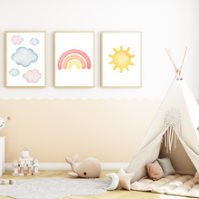 Laden Sie das Bild in den Galerie-Viewer, Farbenfrohe Wolken Regenbogen Sonne 3er Set Kinderzimmer Bilder DIN A4 Wandbilder Deko Babyzimmer Poster