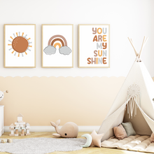 Laden Sie das Bild in den Galerie-Viewer, You are my Sunshine - Sonne Boho Regenbogen 3er Set Kinderzimmer Bilder DIN A4 Wandbilder Deko Babyzimmer Poster