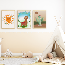 Laden Sie das Bild in den Galerie-Viewer, Sonne Lama Alpaka Kaktus Bilder 3er Set DIN A4 Kinderzimmer Wandbilder Babyzimmer Poster Dekoration