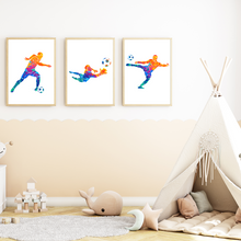 Laden Sie das Bild in den Galerie-Viewer, Farbenfrohe Fußballspieler 3er Set Kinderzimmer Fußball Bilder DIN A4 Poster Babyzimmer Wandbilder Dekoration