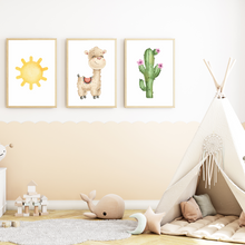Laden Sie das Bild in den Galerie-Viewer, Sonne Lama Kaktus 3er Set Kinderzimmer Bilder DIN A4 Wandbilder Deko Babyzimmer Poster