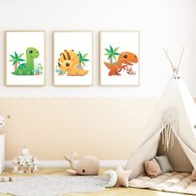 Laden Sie das Bild in den Galerie-Viewer, Dinosaurier 3er Set Kinderzimmer Bilder DIN A4 Poster Babyzimmer Wandbilder Dekoration