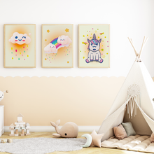 Laden Sie das Bild in den Galerie-Viewer, Regenbogen Einhorn Bilder 3er Set DIN A4 Kinderzimmer Wandbilder Babyzimmer Poster Dekoration