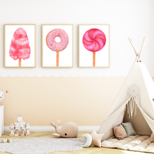 Laden Sie das Bild in den Galerie-Viewer, Candy Zuckerwatte Donut Lollipop 3er Set Bilder Süßigkeiten Kinderzimmer Deko DIN A4 Poster Wandbilder