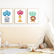 Laden Sie das Bild in den Galerie-Viewer, Safari Tiere Elefant Giraffe Löwe Luftballon 3er Set Kinderzimmer Bilder DIN A4 Wandbilder Deko Babyzimmer Poster