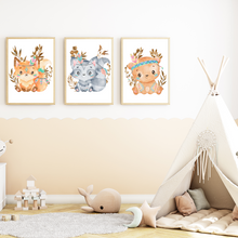 Laden Sie das Bild in den Galerie-Viewer, Niedliche Indianer Tiere 3er Set DIN A4 Kinderzimmer Wandbilder Babyzimmer Poster Dekoration