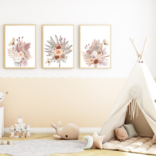 Laden Sie das Bild in den Galerie-Viewer, Blumen Boho Natur Schmetterling 3er Set Bilder Kinderzimmer Deko DIN A4 Poster Babyzimmer Wandbilder