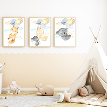 Laden Sie das Bild in den Galerie-Viewer, Luftballon Tiere Bilder 3er Set DIN A4 Kinderzimmer Wandbilder Babyzimmer Poster Dekoration - Fuchs Maus Hase Koala