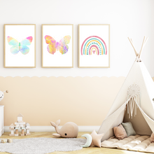 Laden Sie das Bild in den Galerie-Viewer, Bunte Schmetterlinge 3er Set Kinderzimmer Bilder DIN A4 Poster Babyzimmer Wandbilder Dekoration