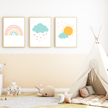 Laden Sie das Bild in den Galerie-Viewer, Regenbogen Wolke Sonne 3er Set Kinderzimmer Bilder DIN A4 Poster Babyzimmer Wandbilder Dekoration