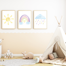 Laden Sie das Bild in den Galerie-Viewer, Pastell Sonne Regenbogen Wolke 3er Set Kinderzimmer Bilder DIN A4 Poster Babyzimmer Wandbilder Dekoration