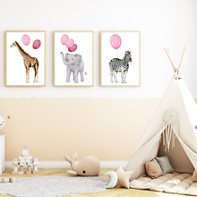 Laden Sie das Bild in den Galerie-Viewer, Niedliche Safari Tiere Luftballon Bilder 3er Set DIN A4 Kinderzimmer Wandbilder Babyzimmer Poster Dekoration - Giraffe Elefant Zebra