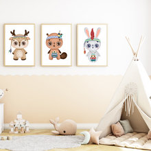 Laden Sie das Bild in den Galerie-Viewer, Indianer Tiere 3er Set Kinderzimmer Bilder DIN A4 Poster Babyzimmer Wandbilder Dekoration - Reh Biber Hase