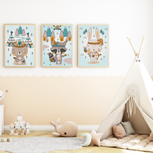 Laden Sie das Bild in den Galerie-Viewer, Indianer Waldtiere Bär Waschbär Hase Bilder 3er Set DIN A4 Kinderzimmer Wandbilder Babyzimmer Poster Dekoration