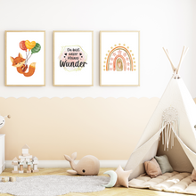 Laden Sie das Bild in den Galerie-Viewer, Du bist unser kleines Wunder Kinderzimmer Bilder 3er Set DIN A4 Wandbilder Babyzimmer Poster Dekoration - Fuchs Ballons Regenbogen