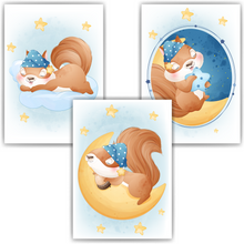 Laden Sie das Bild in den Galerie-Viewer, 3er Set Poster für Kinderzimmer Bilder Babyzimmer Babyparty Kinderposter Eichhörnchen