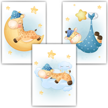 Laden Sie das Bild in den Galerie-Viewer, 3er Set Poster für Kinderzimmer Bilder Babyzimmer Babyparty Kinderposter Giraffe Blau