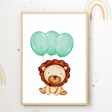 Laden Sie das Bild in den Galerie-Viewer, Safari Tiere Elefant Giraffe Löwe Luftballon 3er Set Kinderzimmer Bilder DIN A4 Wandbilder Deko Babyzimmer Poster