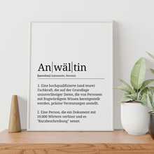 Laden Sie das Bild in den Galerie-Viewer, Anwältin Poster Definition Kunstdruck Wandbild Geschenk