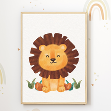 Laden Sie das Bild in den Galerie-Viewer, Affe Zebra Löwe Nilpferd Safari Tiere 4er Set Kinderzimmer Bilder DIN A4 Wandbilder Deko Babyzimmer Poster