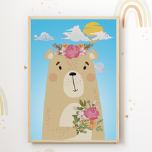 Laden Sie das Bild in den Galerie-Viewer, Waldtiere Blumen Bär Reh Bilder 4er Set DIN A4 Kinderzimmer Wandbilder Babyzimmer Poster Dekoration
