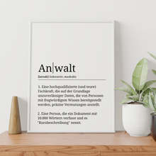 Laden Sie das Bild in den Galerie-Viewer, Anwalt Poster Definition Kunstdruck Wandbild Geschenk