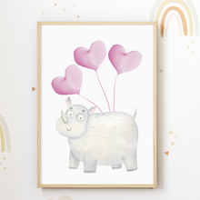 Laden Sie das Bild in den Galerie-Viewer, Luftballon Tiere 3er Set Kinderzimmer Bilder DIN A4 Poster Babyzimmer Wandbilder Dekoration - Esel Giraffe Nashorn