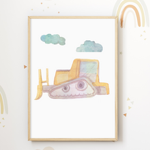Laden Sie das Bild in den Galerie-Viewer, Bagger Bulldozer Gabelstapler 4er Set Kinderzimmer Bilder DIN A4 Poster Babyzimmer Wandbilder Dekoration Baustellenfahrzeuge