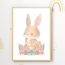 Laden Sie das Bild in den Galerie-Viewer, Waldtiere Reh Hase Blumen 4er Set Kinderzimmer Bilder DIN A4 Wandbilder Deko Babyzimmer Poster