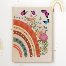 Laden Sie das Bild in den Galerie-Viewer, Regenbogen Schmetterling Blumen Bilder 3er Set DIN A4 Kinderzimmer Wandbilder Babyzimmer Poster Dekoration