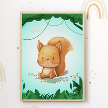Laden Sie das Bild in den Galerie-Viewer, Waschbär Reh Eichhörnchen Hase Waldtiere Bilder 4er Set DIN A4 Kinderzimmer Wandbilder Babyzimmer Poster Dekoration