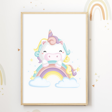 Laden Sie das Bild in den Galerie-Viewer, Einhorn Regenbogen Wolke 3er Set Kinderzimmer Bilder DIN A4 Poster Babyzimmer Wandbilder Dekoration